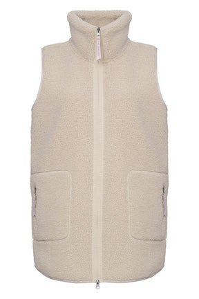 Women's cream curly fleece vest front view with stand collar, full zipper and zip patch pockets by Ilse Jacobsen