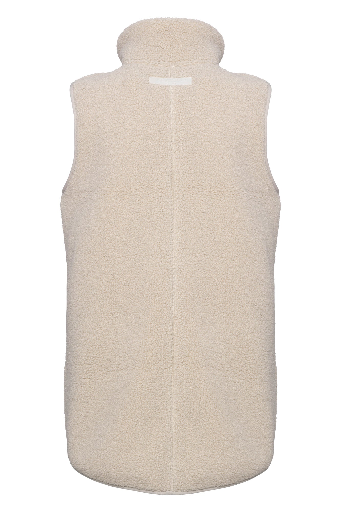 Women's cream curly fleece vest front view with stand collar, full zipper and zip patch pockets by Ilse Jacobsen