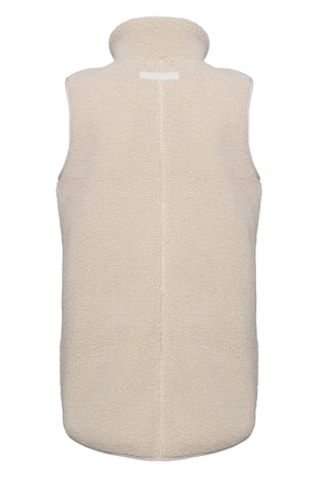 Women's cream curly fleece vest front view with stand collar, full zipper and zip patch pockets by Ilse Jacobsen