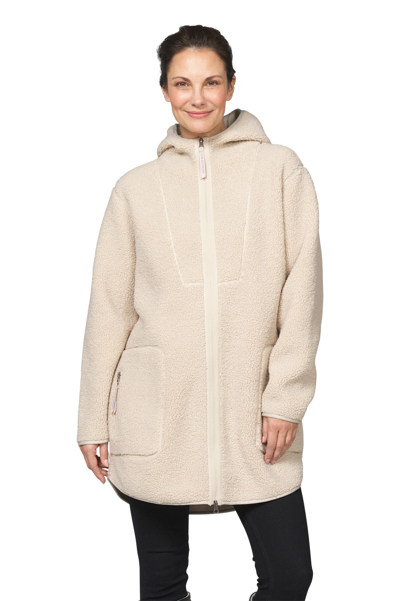 Ilse Jacobsen women's cream hooded teddy fleece coat with full zipper and patch pockets, front model view
