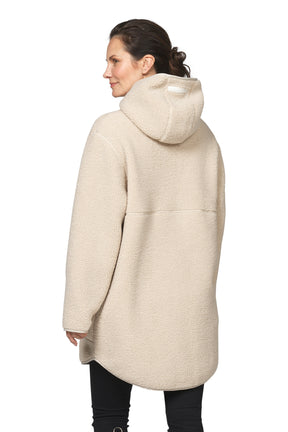 Ilse Jacobsen women's cream teddy fleece coat with hood, seam line and rounded longer hem, back model view