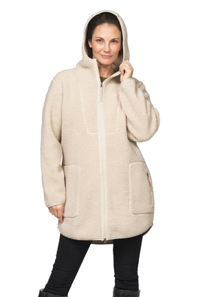 Ilse Jacobsen women's cream teddy fleece coat with hood up, full zipper and patch pockets, front model view