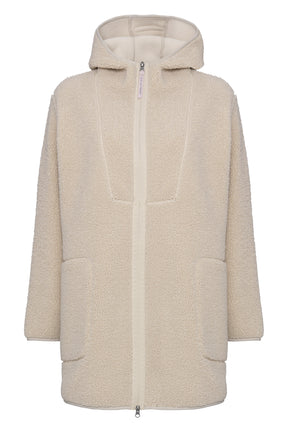 Ilse Jacobsen women's cream hooded teddy fleece coat with full zipper and patch pockets, front product view