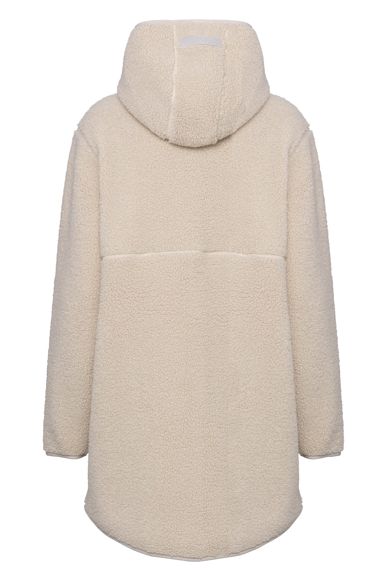 Ilse Jacobsen women's cream hooded teddy fleece coat with rounded hem and hood label shown from the back