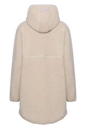 Ilse Jacobsen women's cream hooded teddy fleece coat with rounded hem and hood label shown from the back