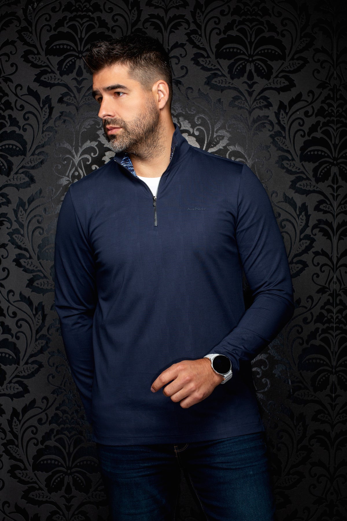 Au Noir men's navy sport jacket shown from the front