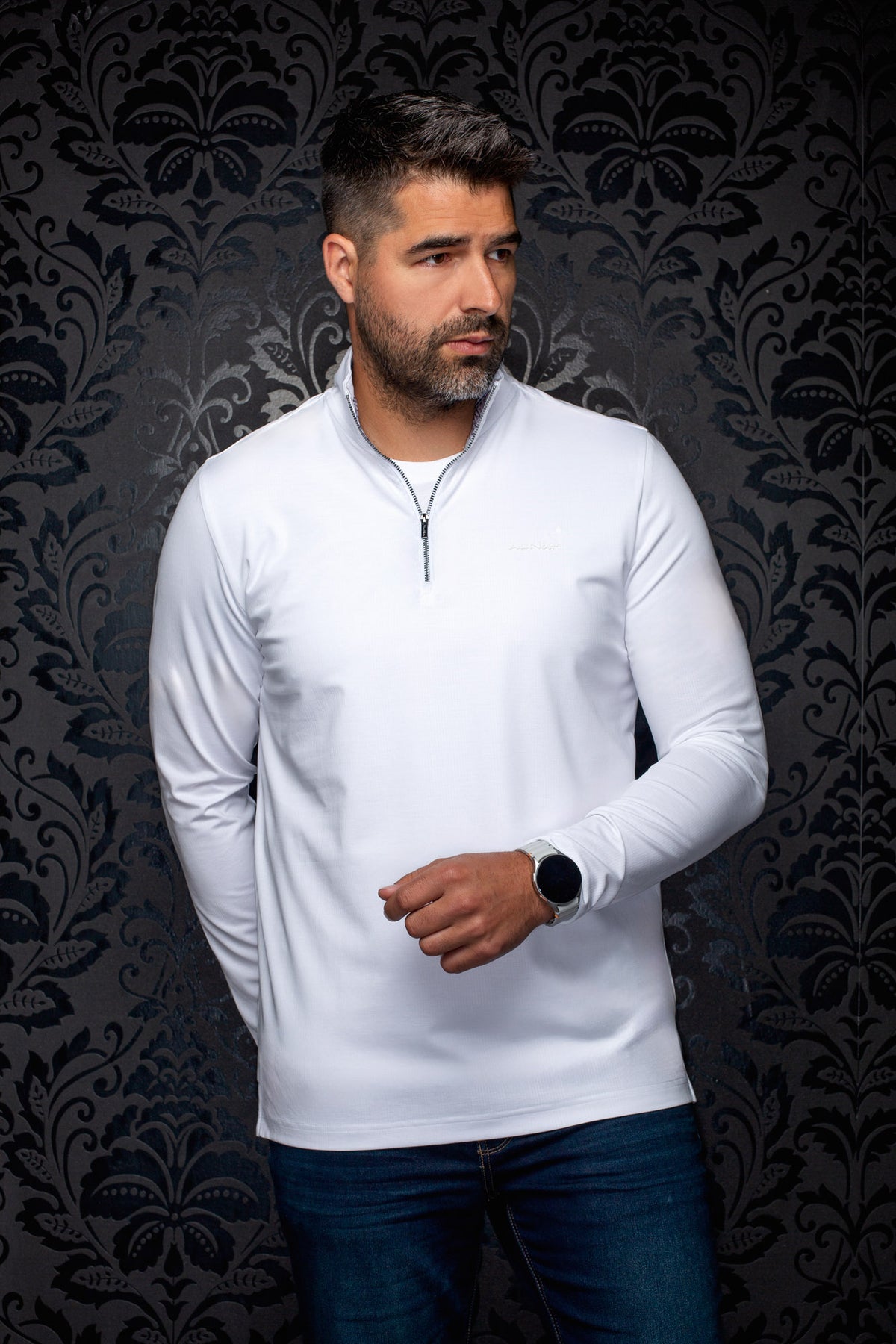 Au Noir men's white long sleeve quarter-zip Sport jacket with stand collar and tonal chest logo, front view