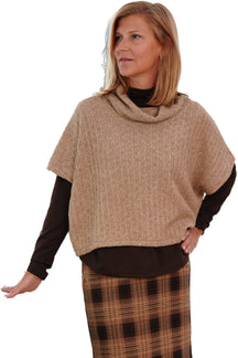 Rien ne se perd, tout se crée women's close front view of a beige textured knit cowl-neck bolero with wide short sleeves