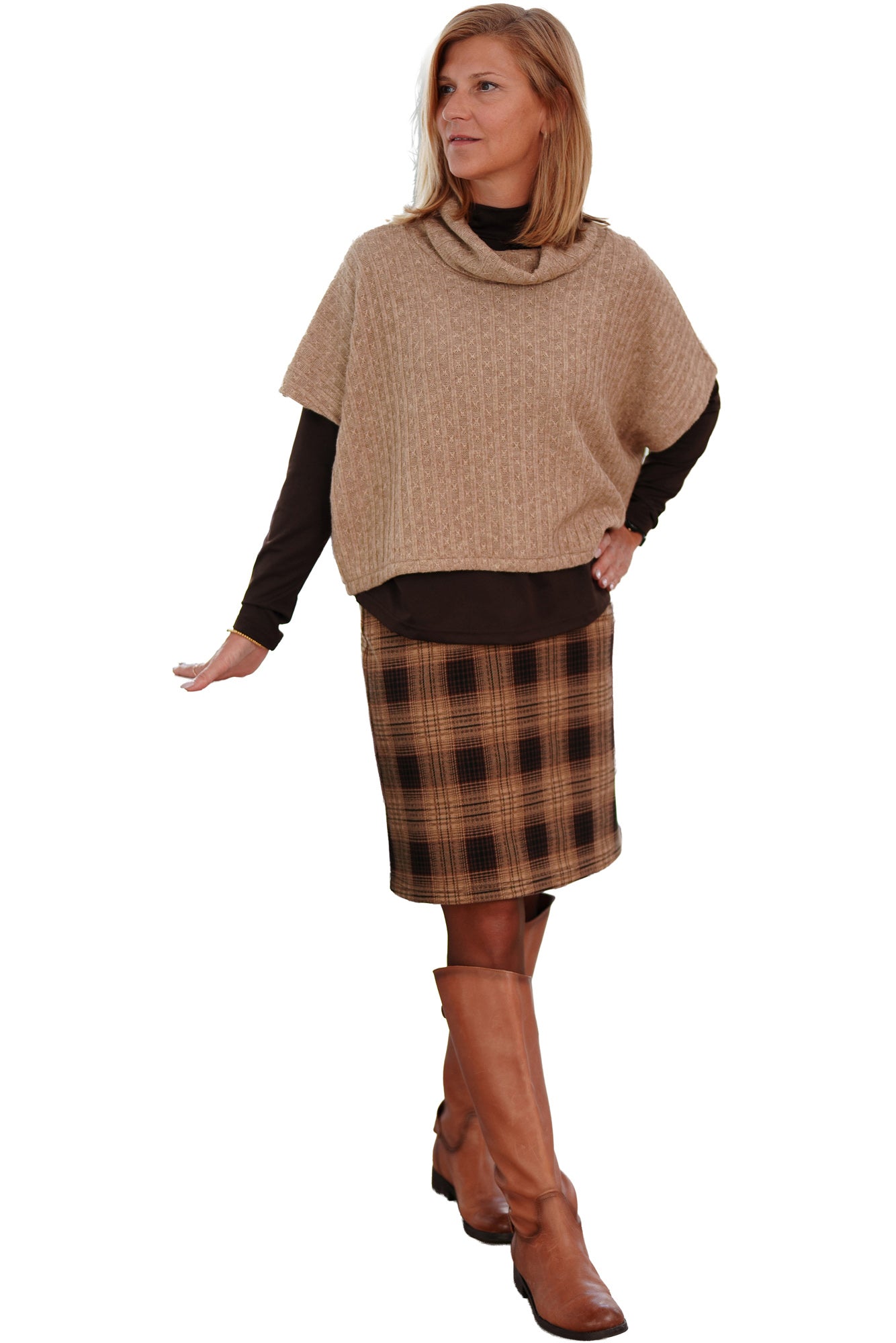 Rien ne se perd, tout se crée women's close front view of a beige textured knit cowl-neck bolero with wide short sleeves