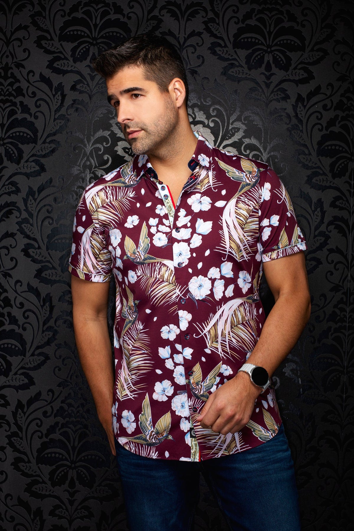 Chemise manches courtes en Knit extensible pour homme par Au Noir | BRASILIA (SS) Bourgogne | Boutique Vvög, inventaire complet de la marque Au Noir