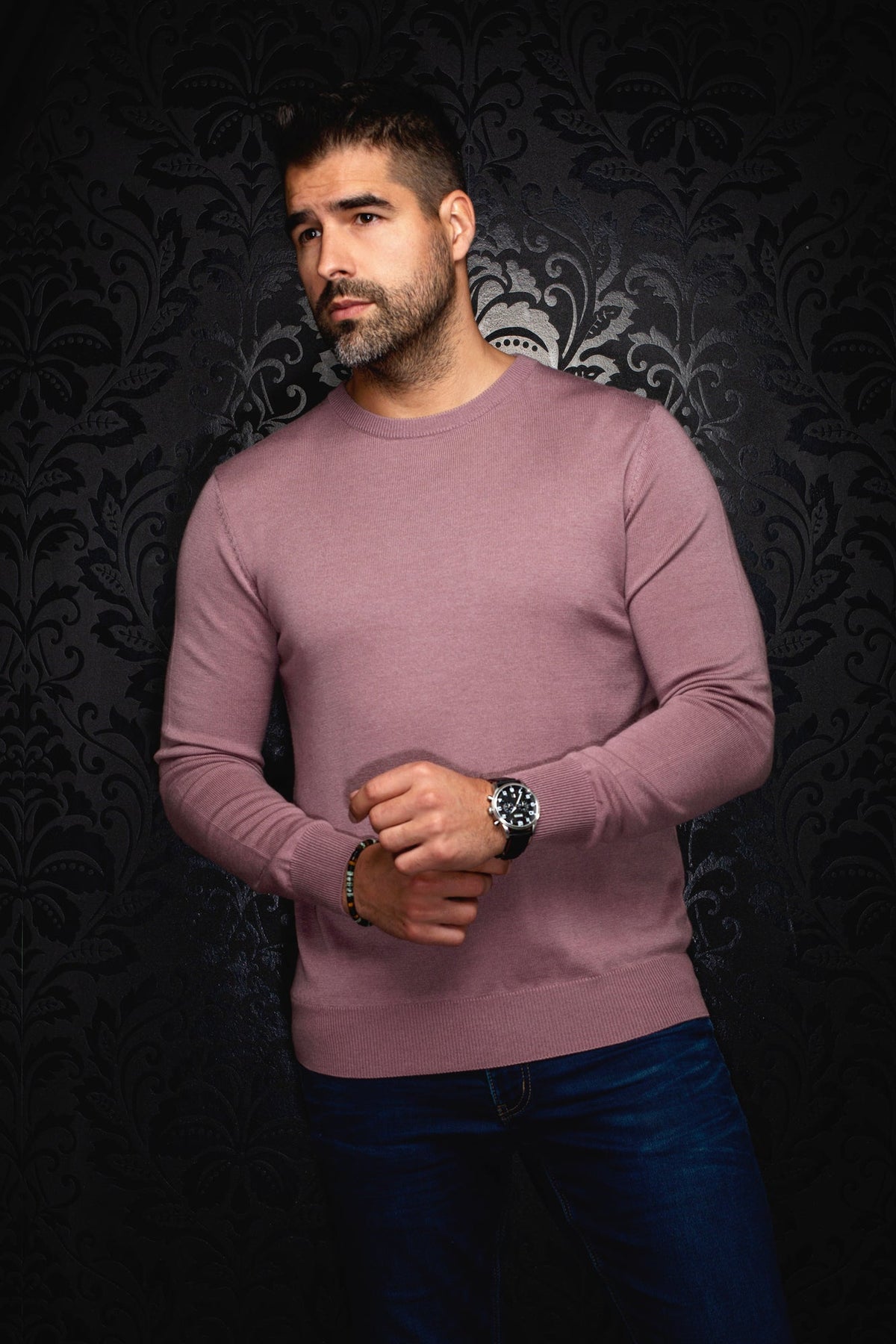 Chandail col rond en laine mérino pour homme par Au Noir | MARINI Bois De Rose | Boutique Vvög, inventaire complet de la marque Au Noir