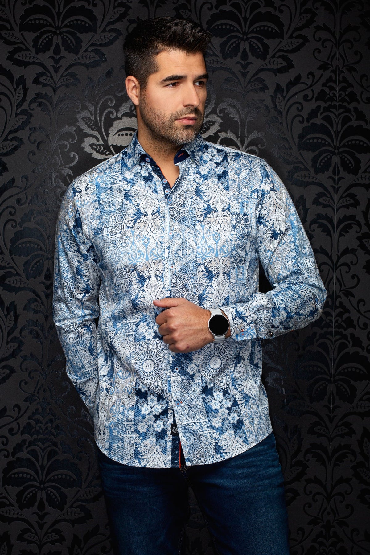 Chemise manches longues en coton extensible pour homme par Au Noir | CASCAIS Bleu | Boutique Vvög, inventaire complet de la marque Au Noir
