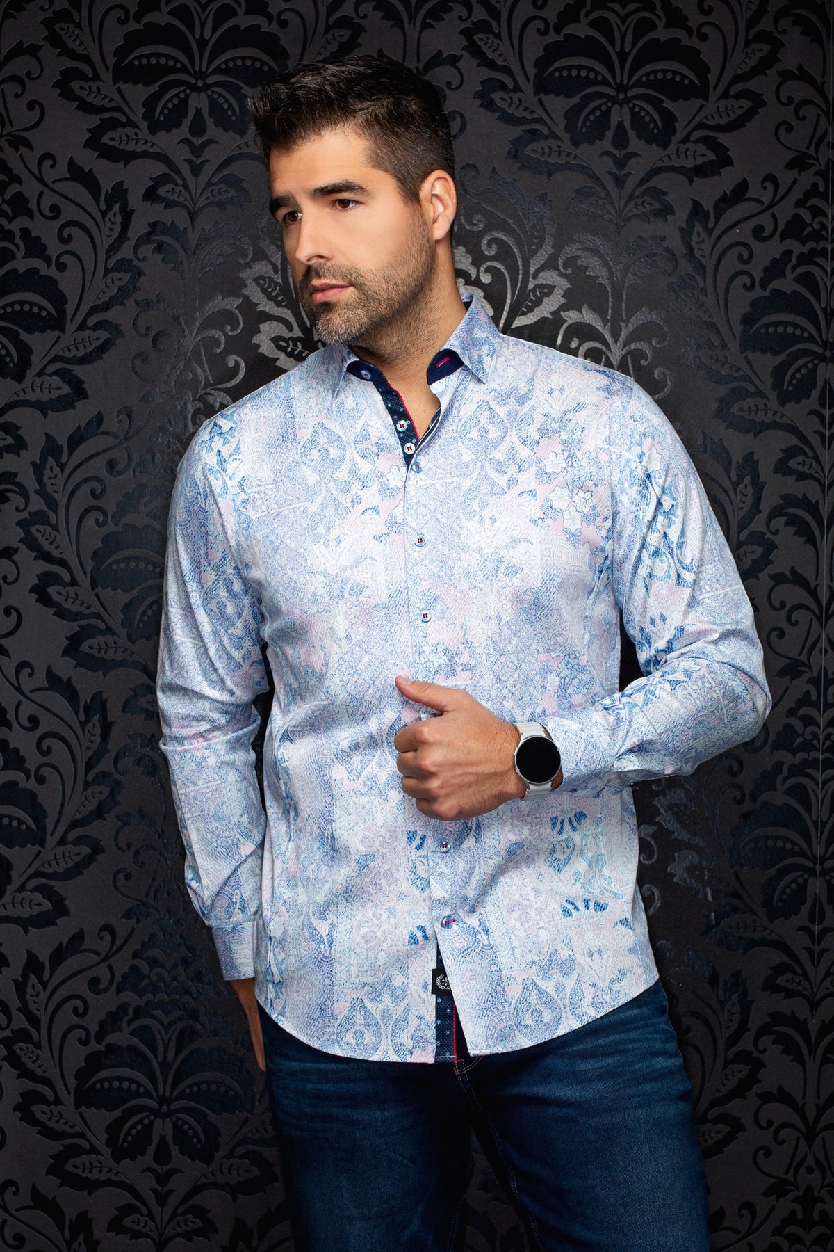 Chemise manches longues en coton extensible pour homme par Au Noir | CASCAIS Rose | Boutique Vvög, inventaire complet de la marque Au Noir
