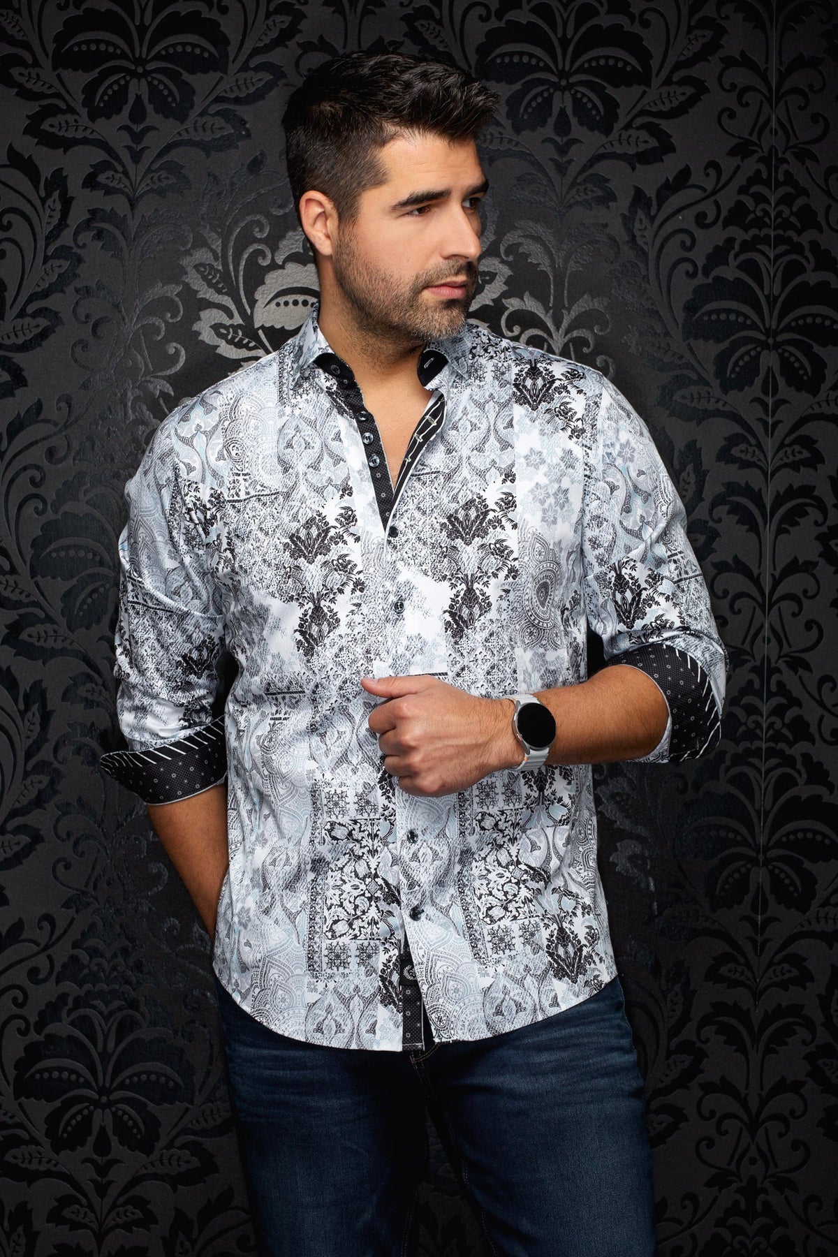 Chemise manches longues en coton extensible pour homme par Au Noir | CASCAIS Blanc Sarcelle | Boutique Vvög, inventaire complet de la marque Au Noir
