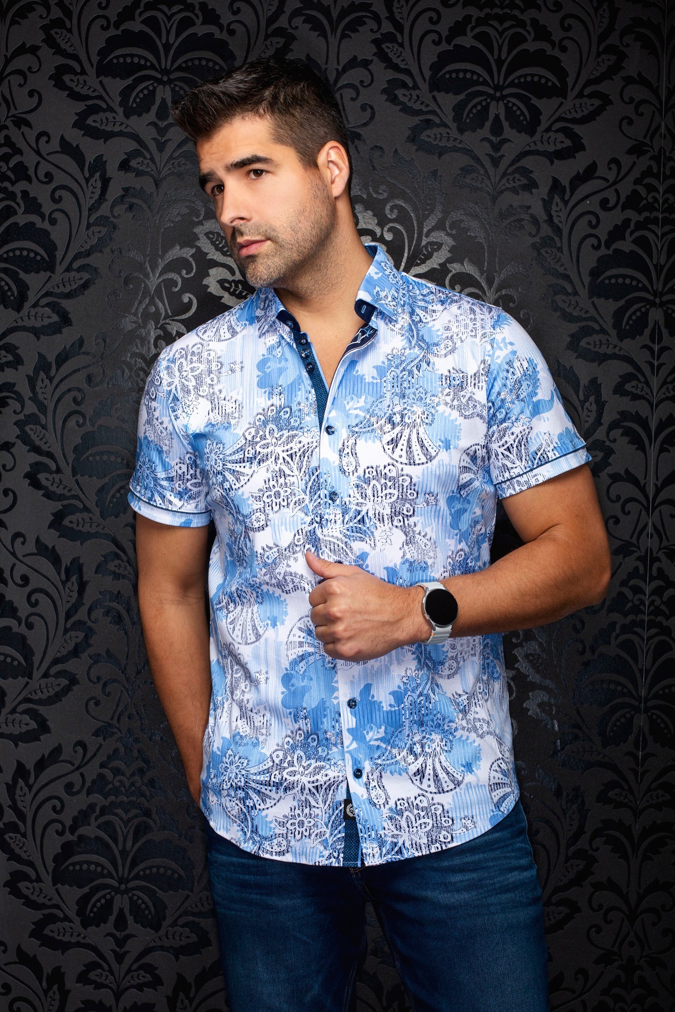 Chemise manches courtes en Knit extensible pour homme par Au Noir | CAYO (SS) Bleu Pâle | Boutique Vvög, inventaire complet de la marque Au Noir