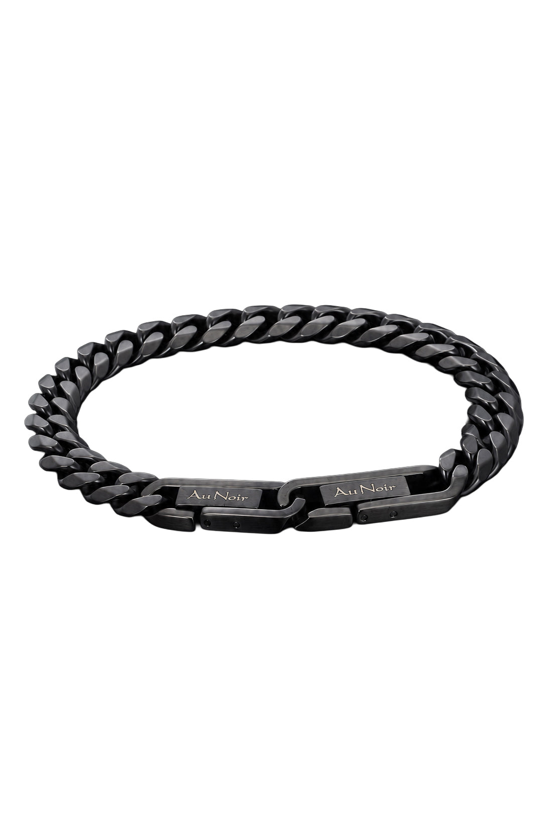Bracelet chaîne noir isolé avec plaques gravées Au Noir et maillons gourmette pour homme