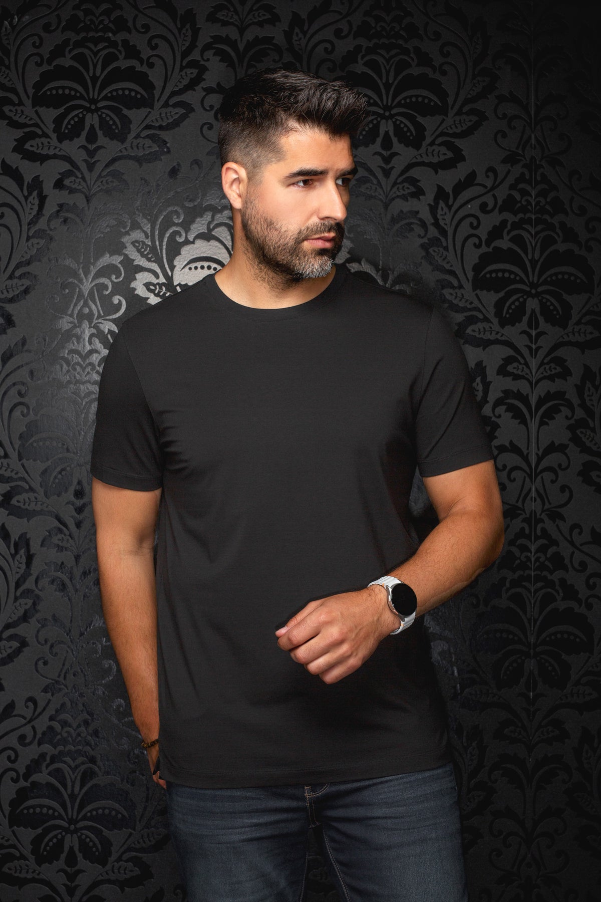 Au Noir men's black Short-sleeve T-Shirt on model with crewneck and straight silhouette, front view