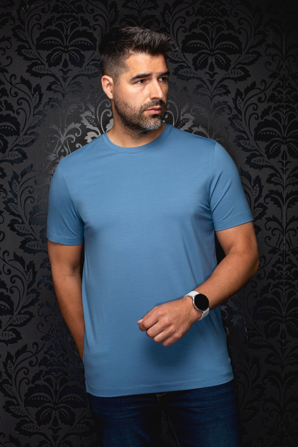 Au Noir men's blue Short-sleeve T-Shirt shown from the front with straight hem visible and crew neck