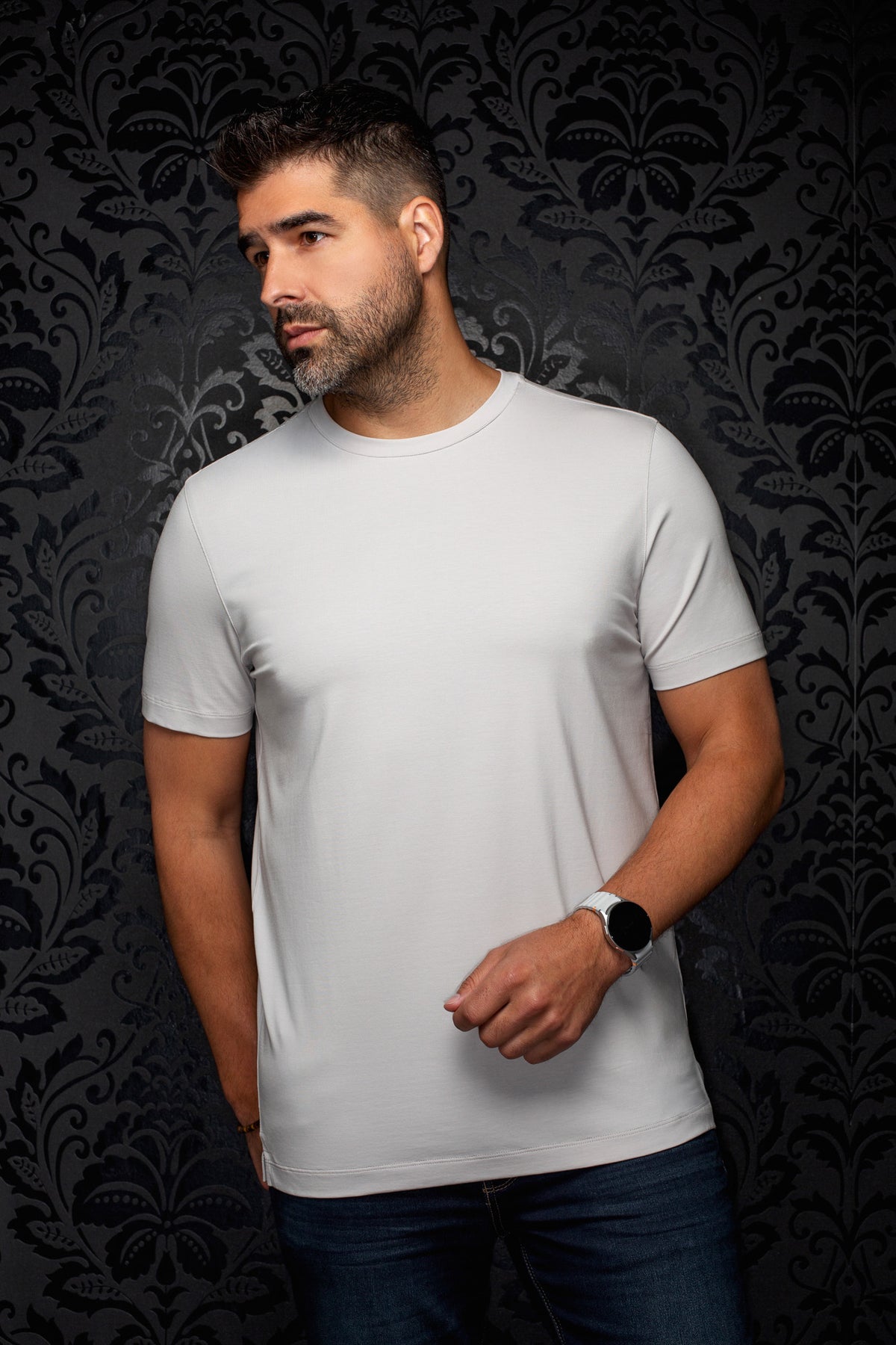 Au Noir men's light gray short sleeve crewneck T-Shirt with plain solid body, front model view