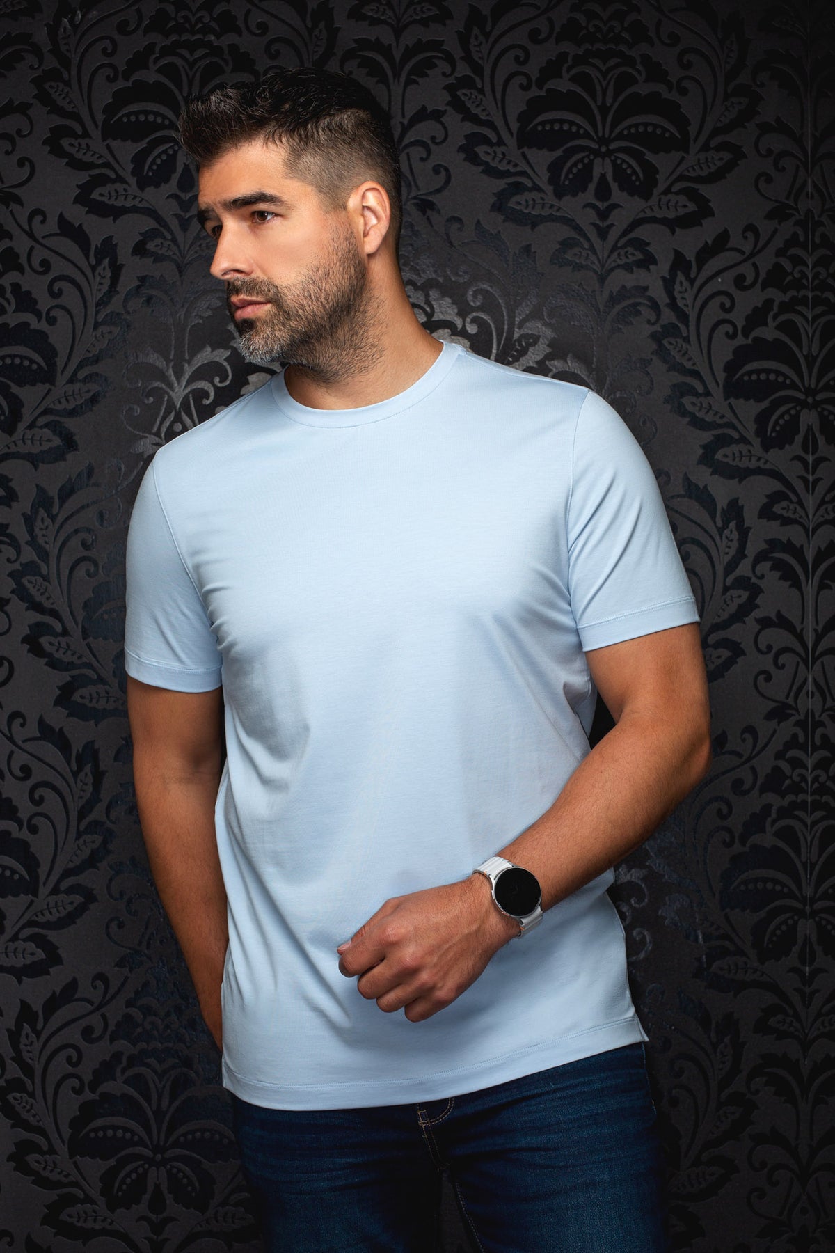Au Noir men's light blue crewneck Short-sleeve T-Shirt on a model, front view