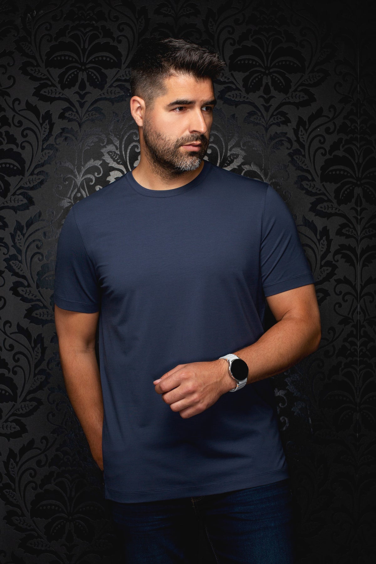 Au Noir men's navy crewneck Short-sleeve T-Shirt, front view on model