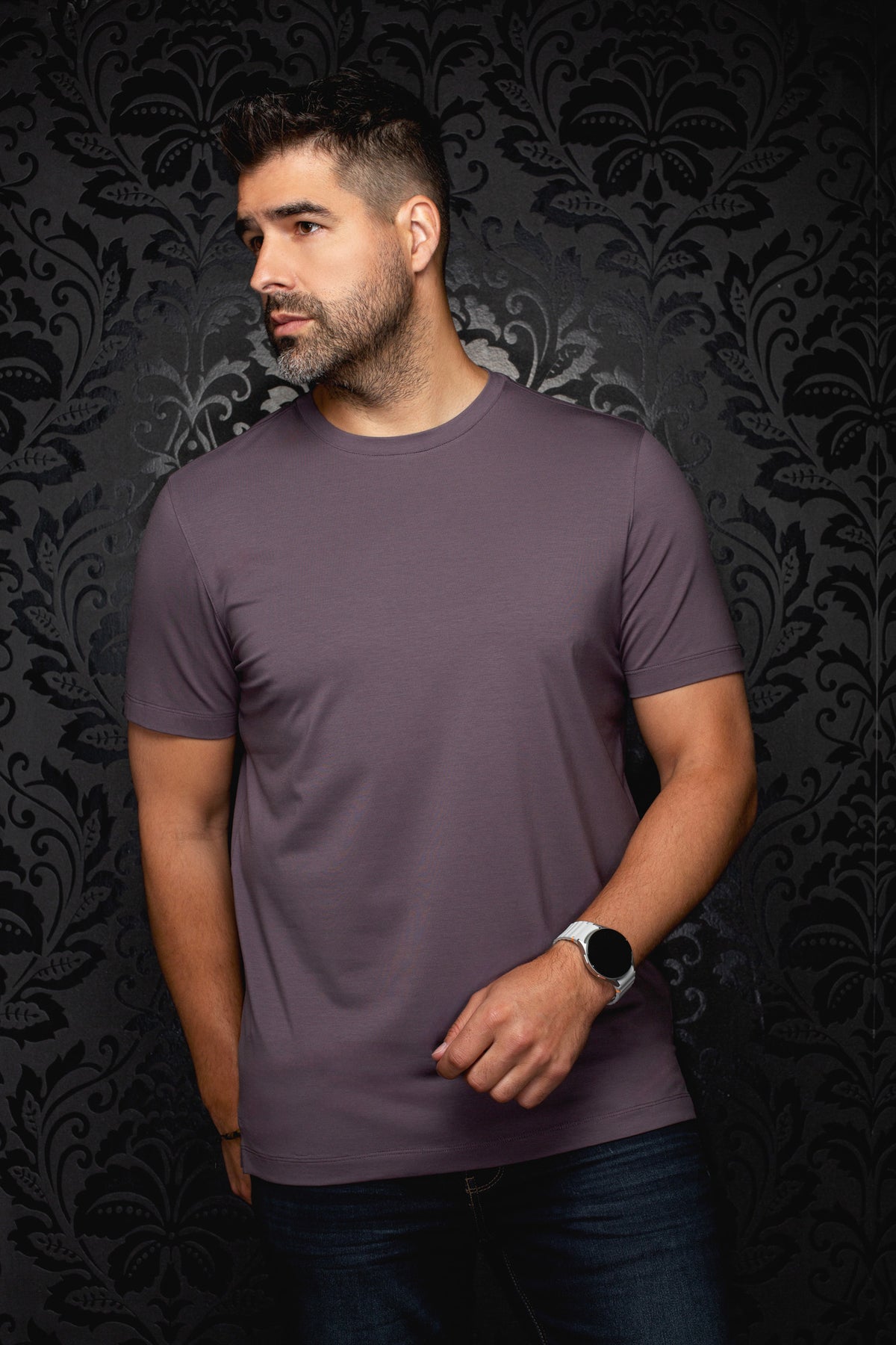 Au Noir men's solid mauve short sleeve crewneck T-Shirt with straight hem on a model shown from the front