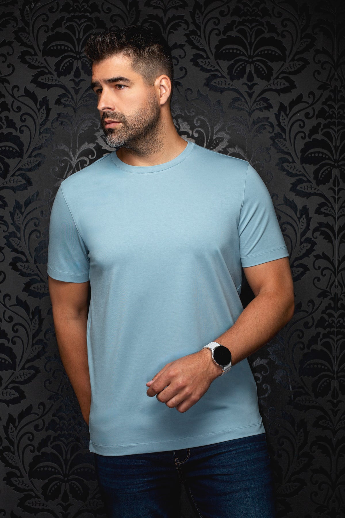 Au Noir men's light blue crewneck Short-sleeve T-Shirt on model with straight hem, front view