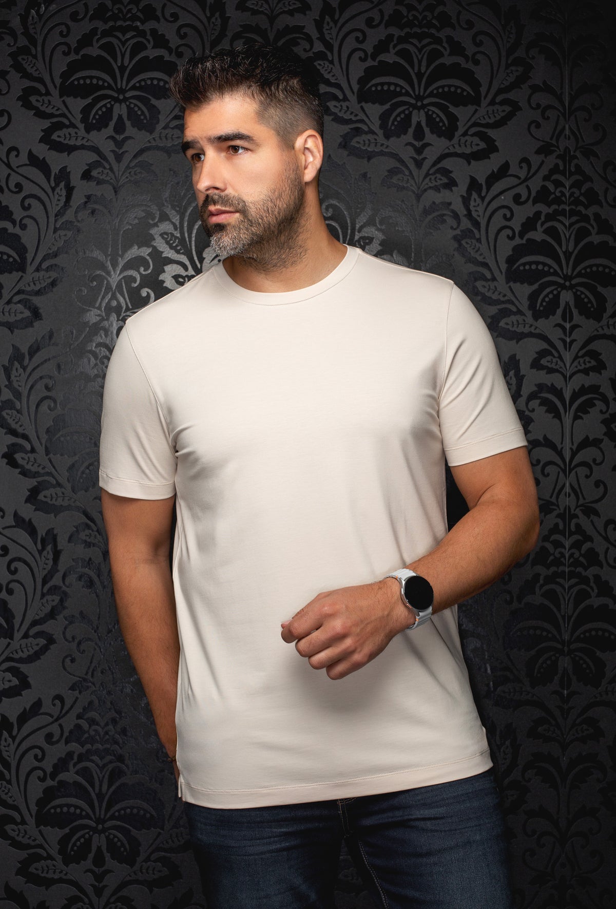 Au Noir men's cream short sleeve crewneck T-Shirt with straight hem and tonal stitching shown from the front