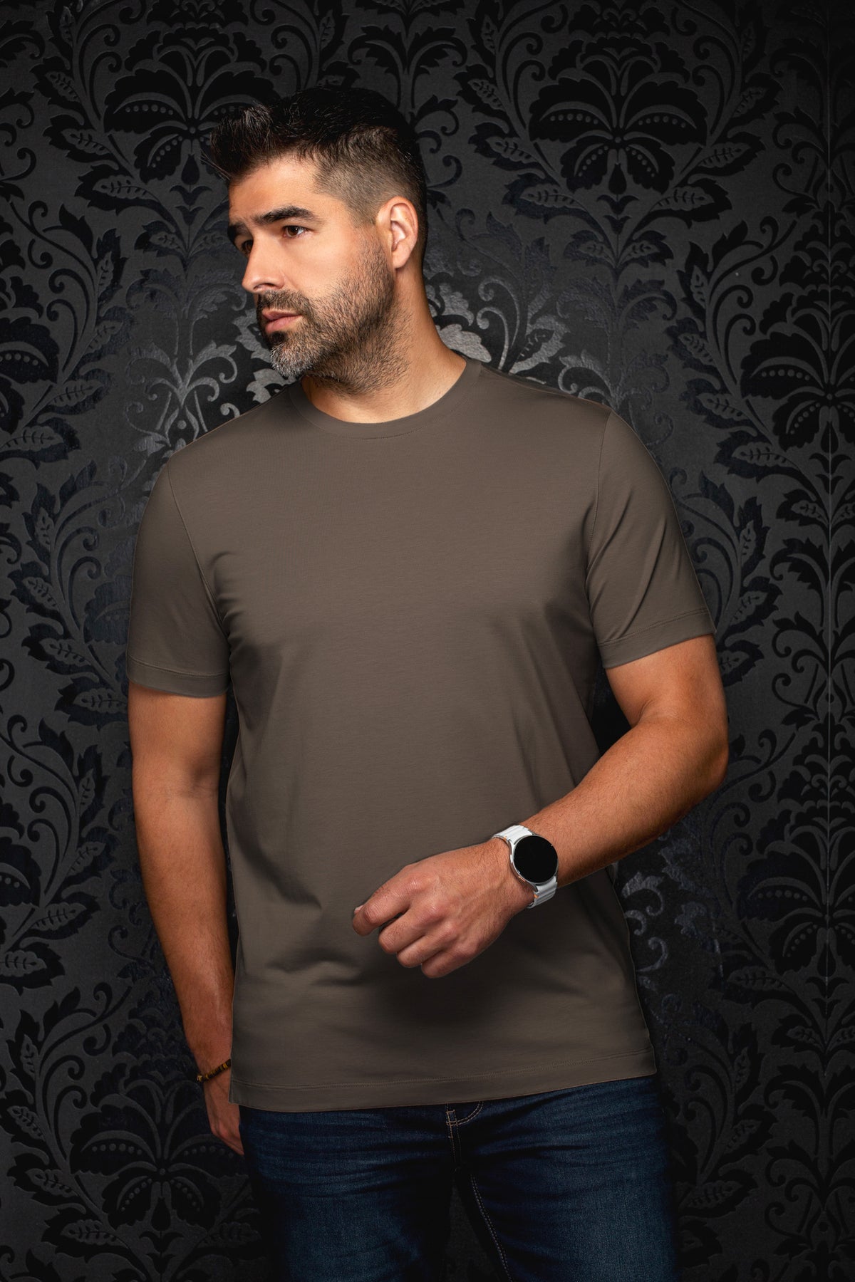Au Noir men's brown Short-sleeve T-Shirt on model with straight hem visible and crewneck collar, front view