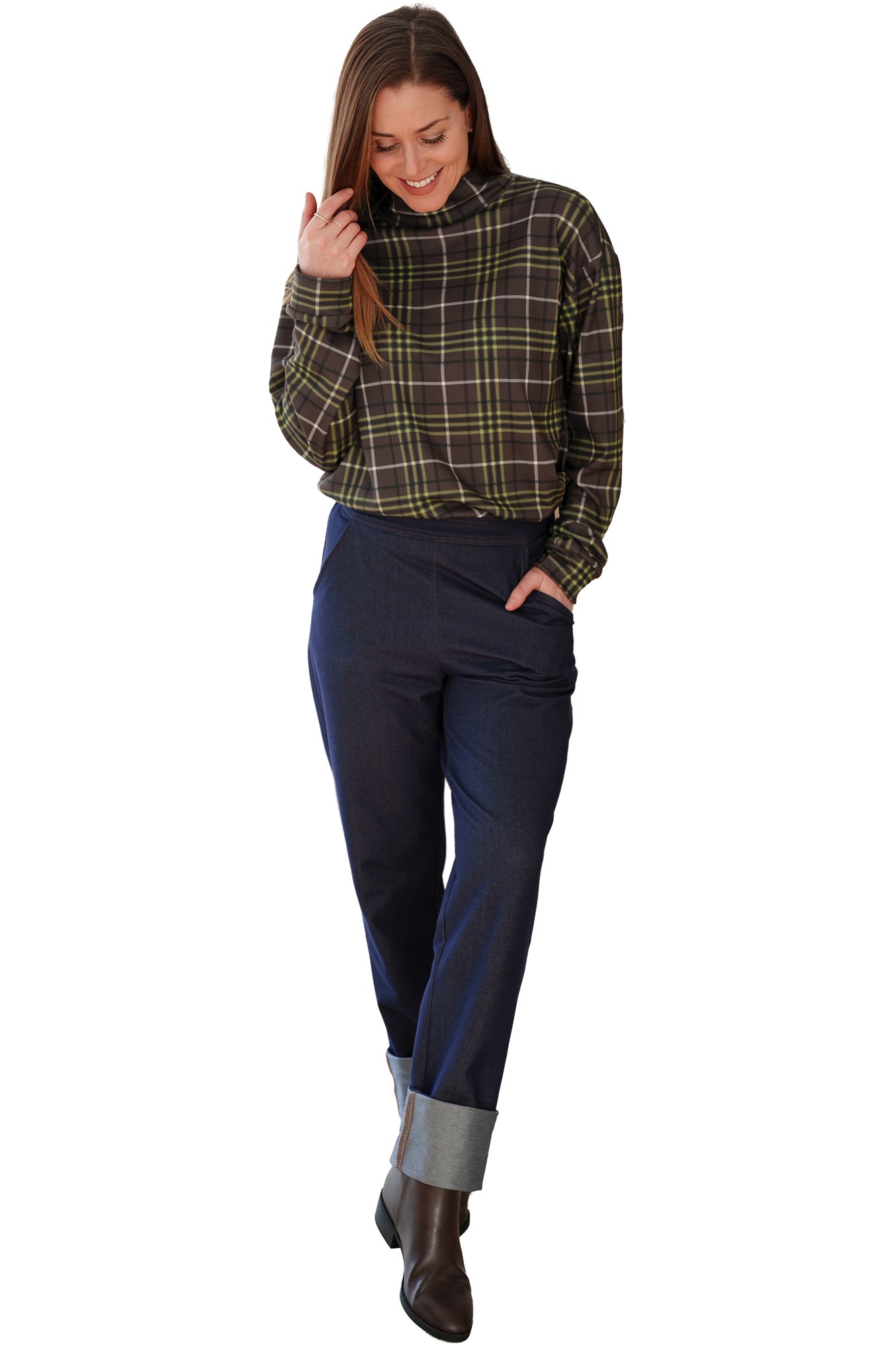 Rien ne se perd, tout se crée women's dark brown plaid mock neck long sleeve T-Shirt with green and white lines, front view