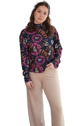 Front view of women's black floral mock-neck long sleeve T-Shirt with magenta and navy by Rien ne se perd, tout se crée