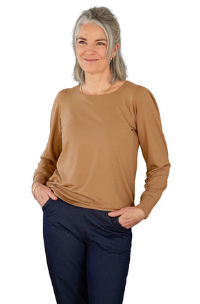Rien ne se perd, tout se crée women's tan long sleeve T-Shirt, closer front view with crew neck