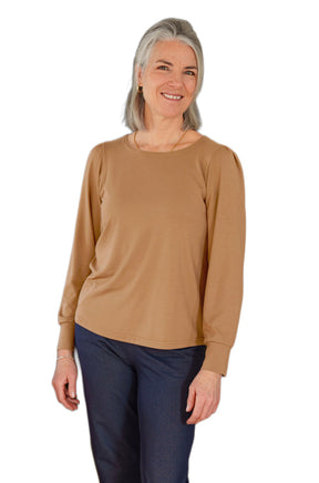 Women's tan long sleeve T-Shirt, front view with crew neck, straight hem, and wide cuffs by Rien ne se perd, tout se crée