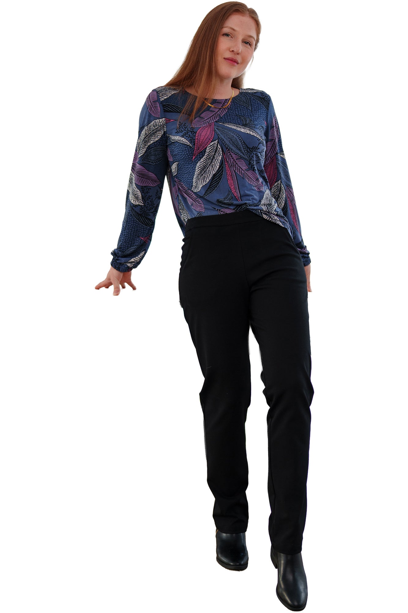 Rien ne se perd, tout se crée women's blue long sleeve T-Shirt with purple and white leaf print, full front view on model