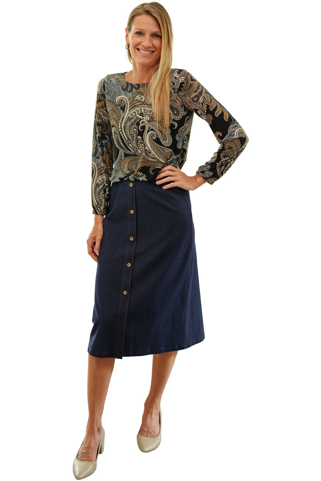 Rien ne se perd, tout se crée women's angled front view of black paisley long sleeve T-Shirt with beige and gray print