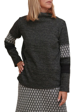 Women's charcoal turtleneck knit long-sleeve knit sweater, angled front view with black by Rien ne se perd, tout se crée