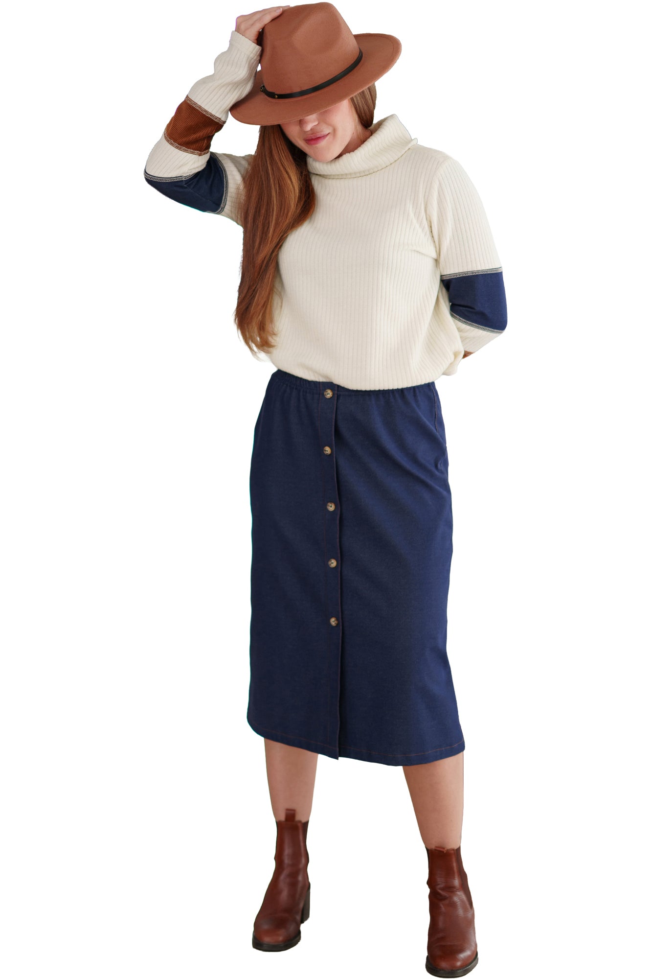 Women's angled front view of cream ribbed turtleneck long-sleeve knit sweater with navy by Rien ne se perd, tout se crée
