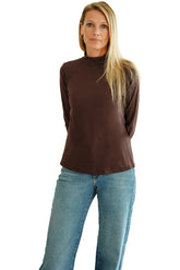 Women's front full-length view of dark brown plaid mock neck long sleeve T-Shirt by Rien ne se perd, tout se crée