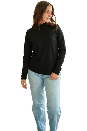 Rien ne se perd, tout se crée women's black mock neck long sleeve T-Shirt shown untucked from the front