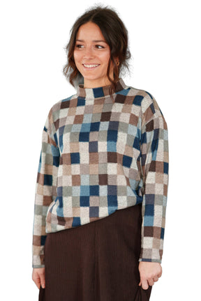 Rien ne se perd, tout se crée women's multicolor check mock-neck tunic long-sleeve tunic sweater with relaxed, front view