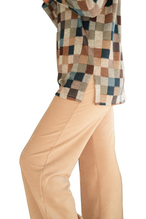 Rien ne se perd, tout se crée women's side detail of multicolor check tunic long-sleeve tunic sweater with straight hem