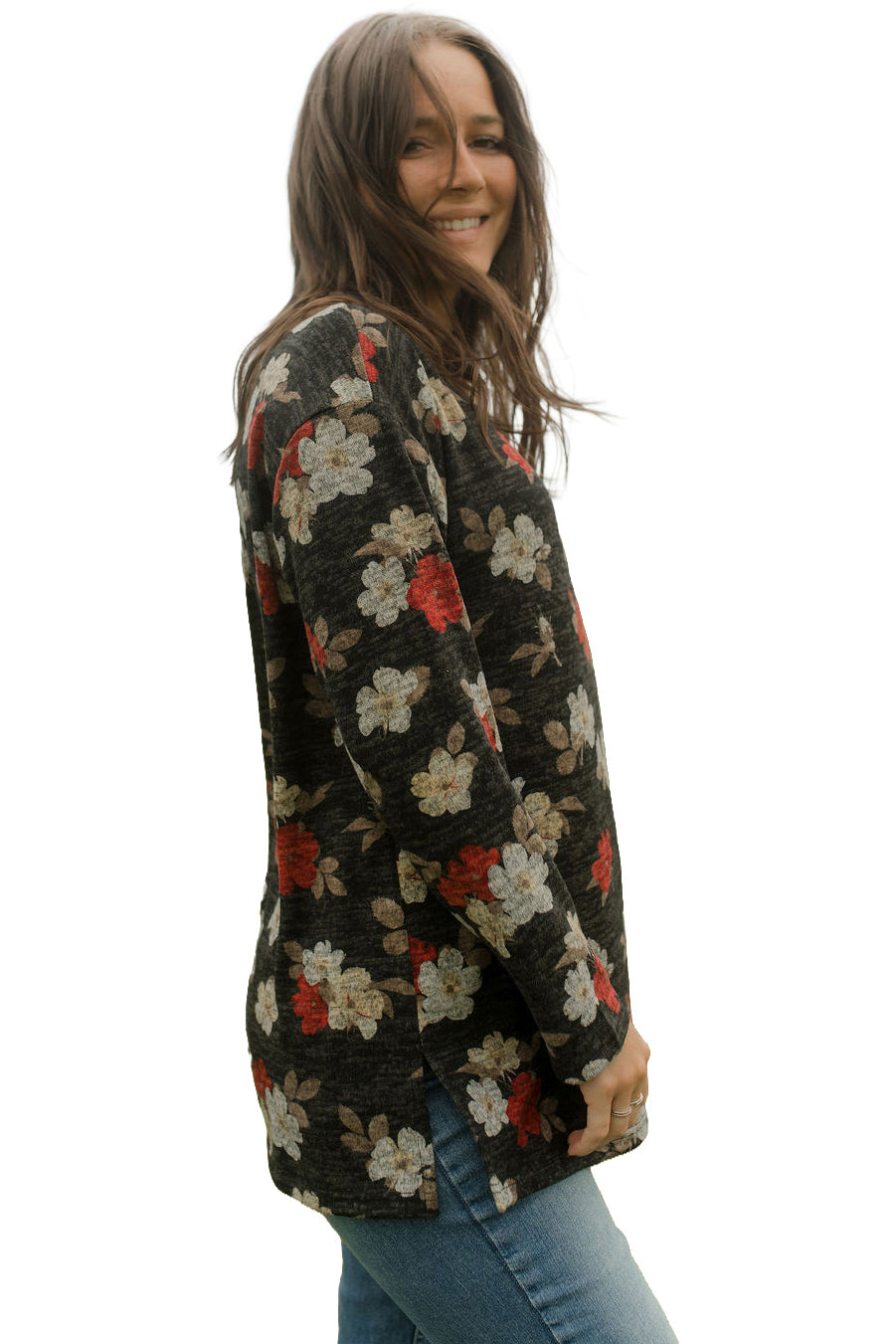 Rien ne se perd, tout se crée women's charcoal floral tunic long-sleeve tunic knit sweater showing tunic length, side view