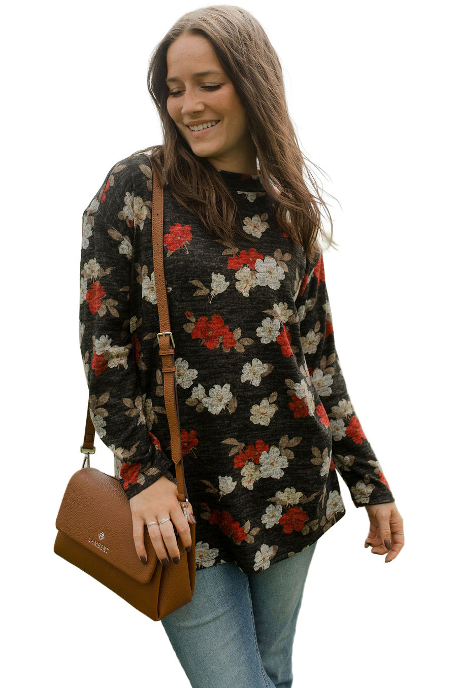 Women's front angled view of charcoal floral tunic long-sleeve tunic knit sweater styled by Rien ne se perd, tout se crée