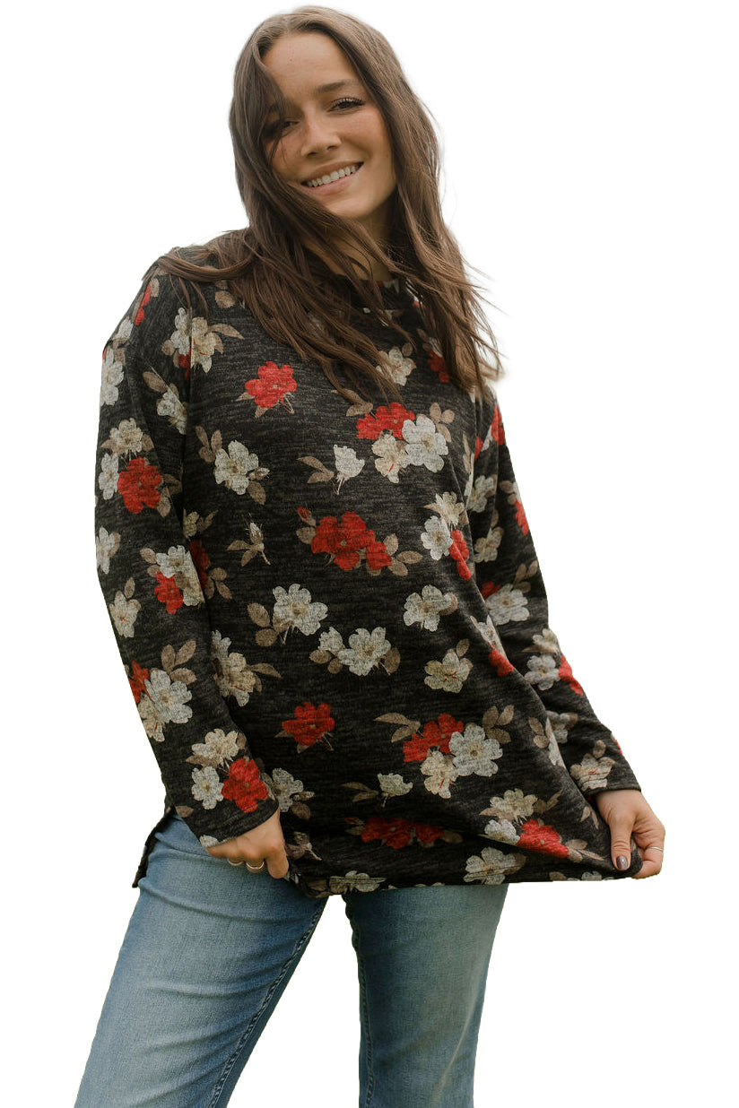 Rien ne se perd, tout se crée women's charcoal floral tunic long-sleeve tunic knit sweater with crew neck, front view