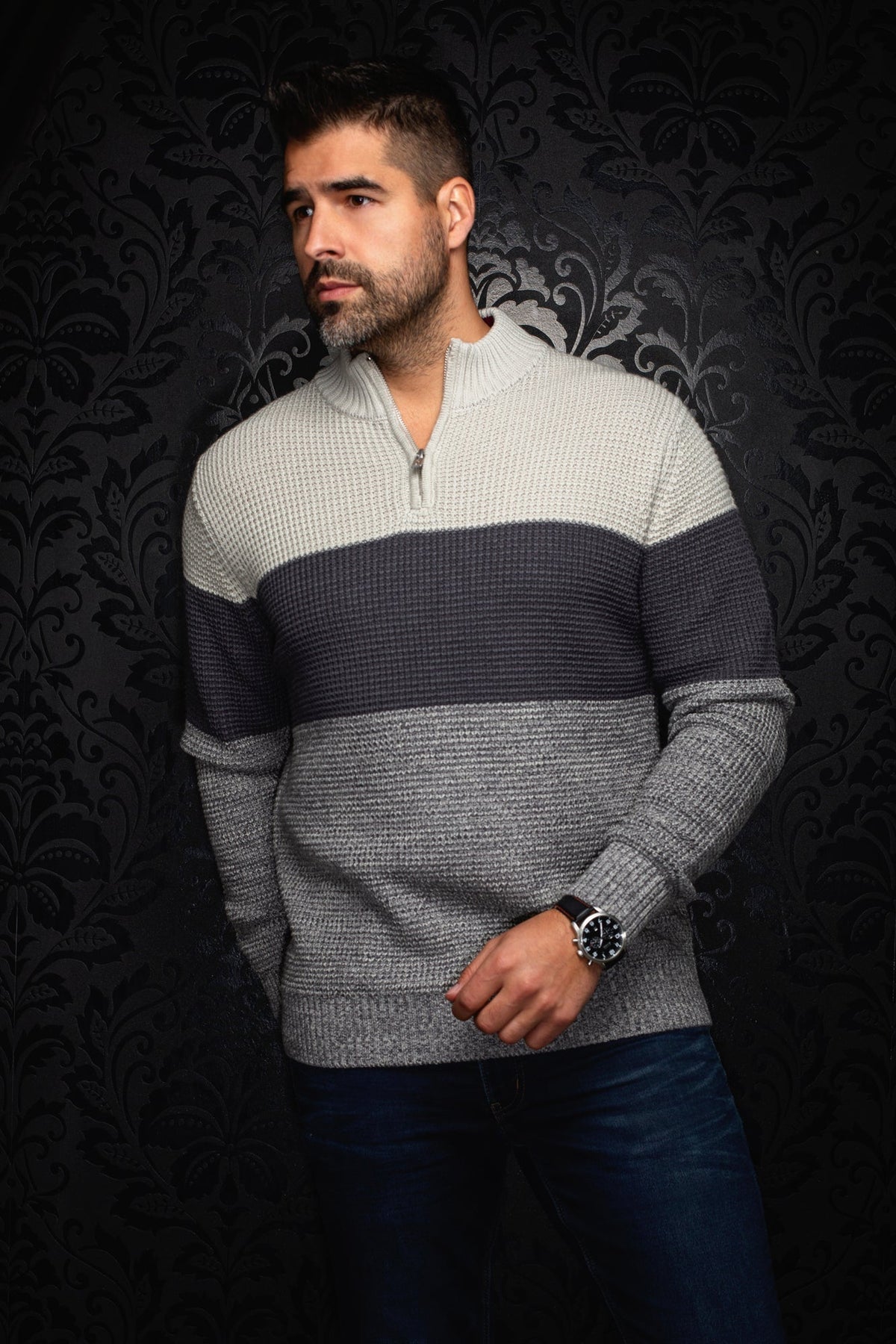Chandail zip 1/4 en laine mérino pour homme par Au Noir | DALVIK Gris | Boutique Vvög, inventaire complet de la marque Au Noir