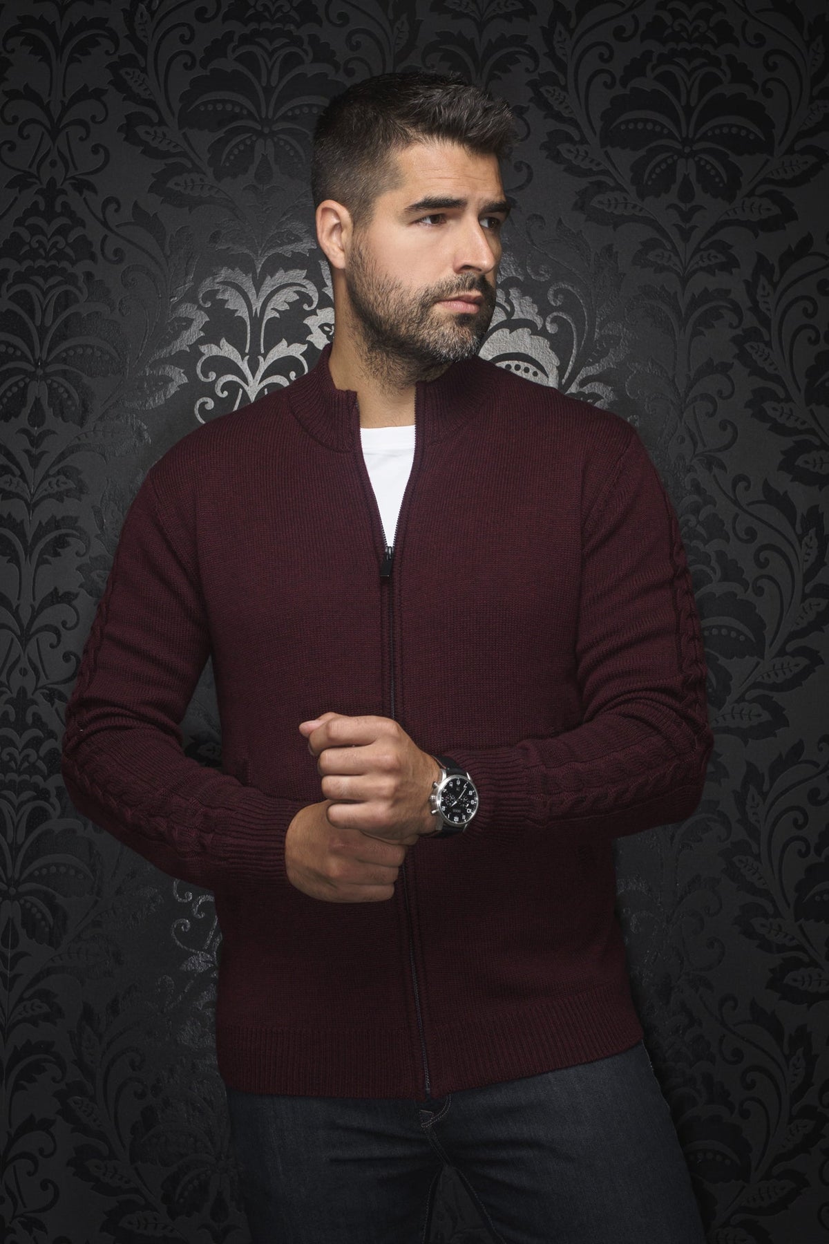 Veste en laine mérino pour homme par Au Noir | ESTEBAN_FZ Bourgogne | Boutique Vvög, inventaire complet de la marque Au Noir