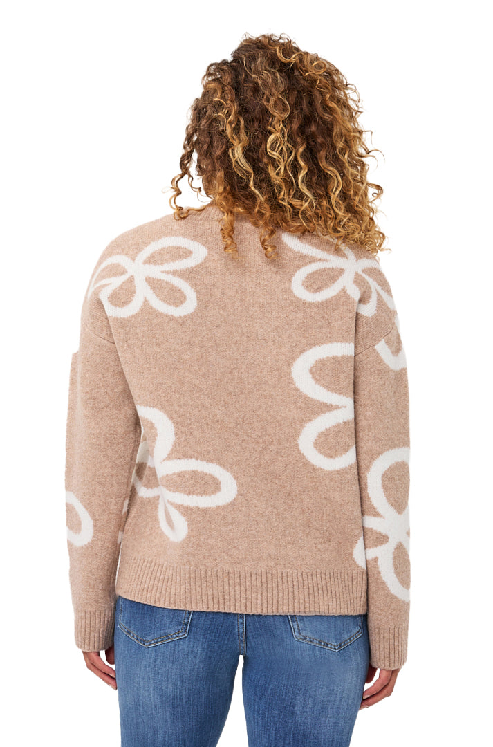 Vue de dos du chandail manches longues en tricot beige à motif floral blanc et ourlet côtelé pour femme par Esqualo
