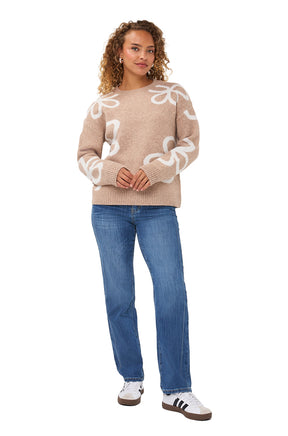 Vue de face complète du chandail manches longues en tricot beige à col rond et motif floral blanc pour femme par Esqualo