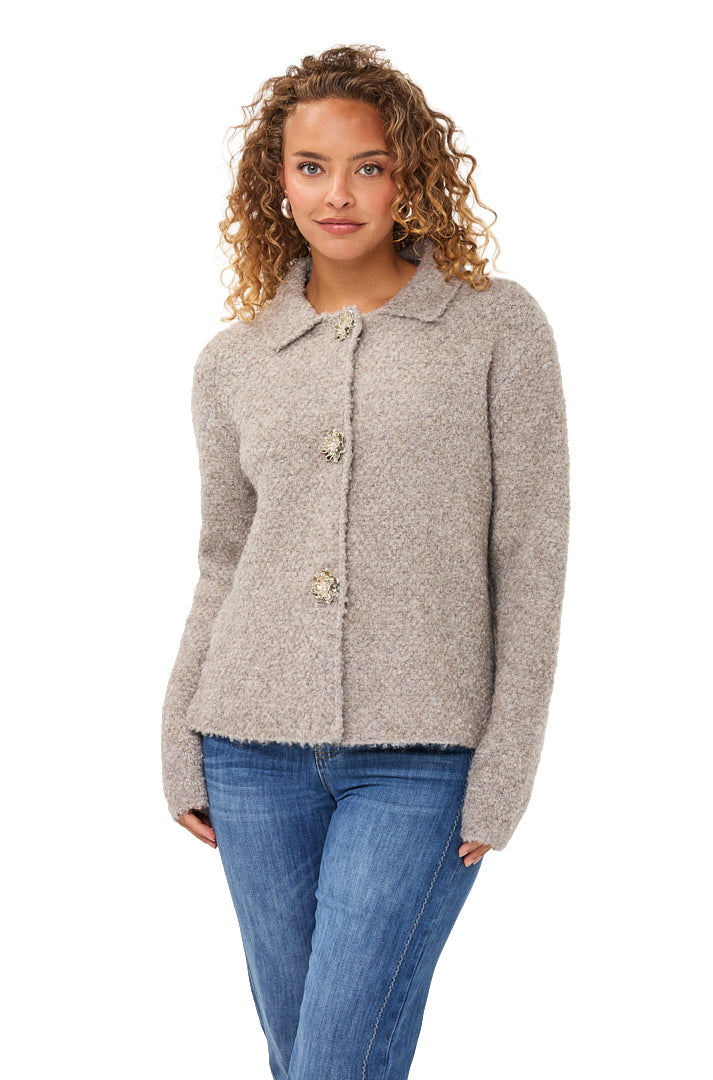 Esqualo women's front angled view of light taupe gray fuzzy knit long-sleeve cardigan sweater with collar
