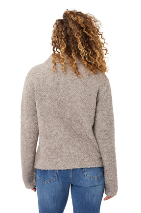 Esqualo women's light taupe gray fuzzy knit long-sleeve cardigan sweater with straight hem, back view